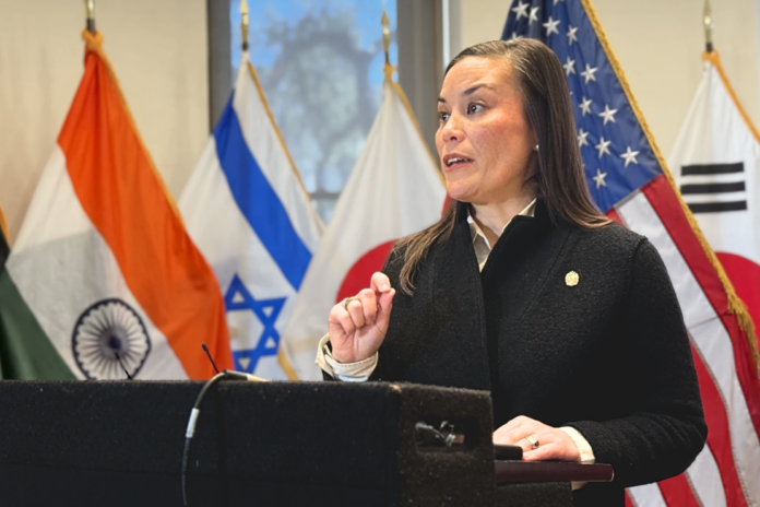 San Antonio Mayor Gina Ortiz Jones in City Hall's flag room on Tuesday, Feb. 24, 2026. Joey Palacios/Texas Public Radio