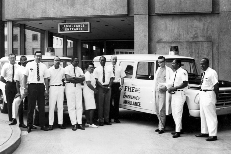 Freedom House Ambulance Service staff members outside Presbyterian University Hospital in Pittsburgh on their first day in 1968.(Photo Credit: Virginia “Ginny” Caligiuri, via Heinz History Center Link Copied