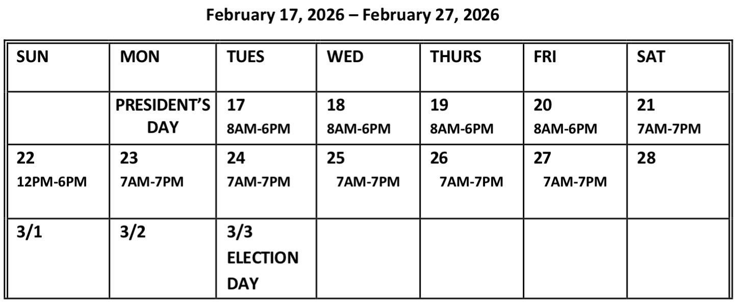 Early voting hours through Friday (February 25–27), Bexar.org