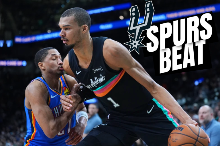 San Antonio Spurs forward Victor Wembanyama (1) drives against Oklahoma City Thunder guard Aaron Wiggins (21) during the second half of an NBA basketball game in San Antonio, Wednesday, February. 4, 2026. (AP Photo/Eric Gay)