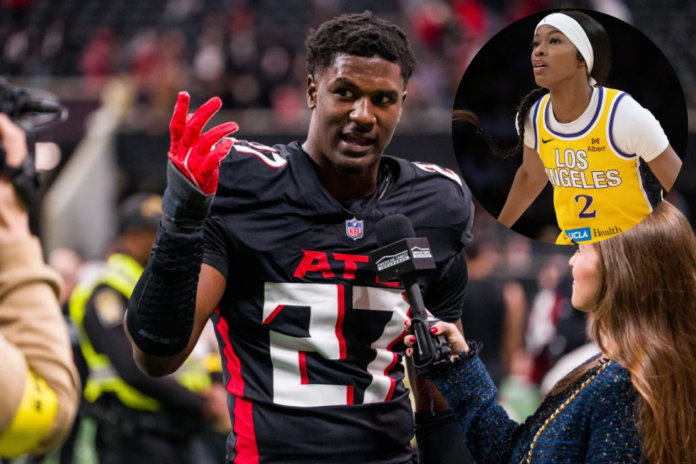 Atlanta Falcons linebacker James Pearce Jr. (27) is interviewed after an NFL football game against the New Orleans Saints, on Jan. 4, 2026, in Atlanta. (AP Photo/Danny Karnik, File)