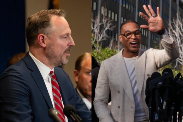 (L-R) Acting U.S. Attorney for Minnesota Joe Thompson speaks to reporters at a news conference July 15, 2025, in Minneapolis and Journalist Don Lemon, waves after leaving a hearing at the Edward R. Roybal Federal Building in Los Angeles on Friday, Jan. 30, 2026. (AP Photo/Damian Dovarganes)