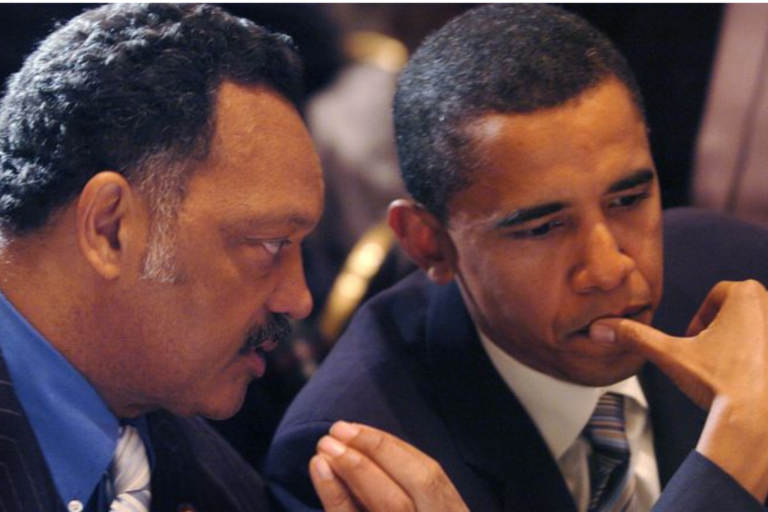 Jesse Jackson speaks with Barack Obama in 2005. Pic: AP