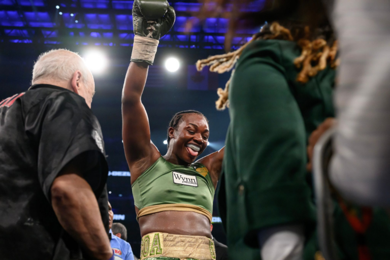 Claressa Shields celebrates her win over Franchon Crews-Dezurn in their Undisputed Heavyweight World Championship boxing match, Sunday, Feb. 22, 2026, in Detroit. AP Photo
