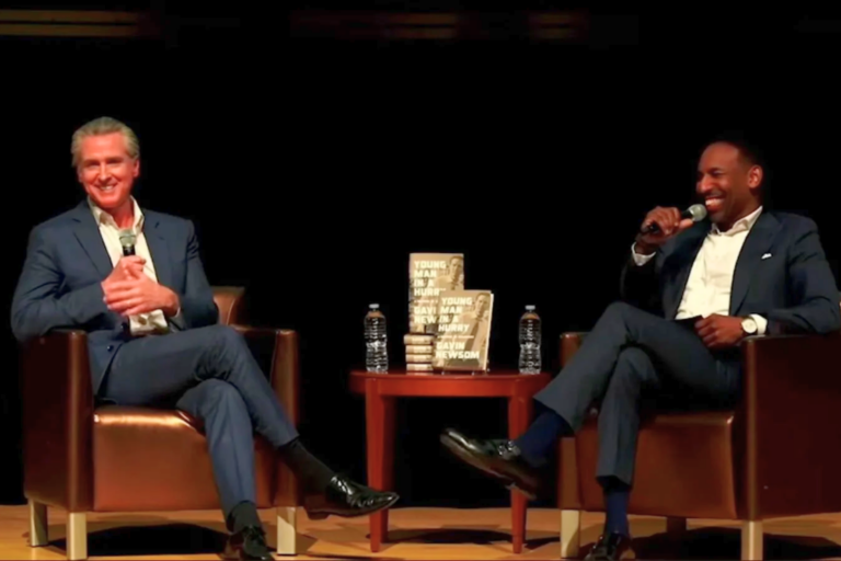 Newsom was in Georgia for the launch of his memoir, Young Man in a Hurry, seated alongside Atlanta Mayor Andre Dickens. Screenshot