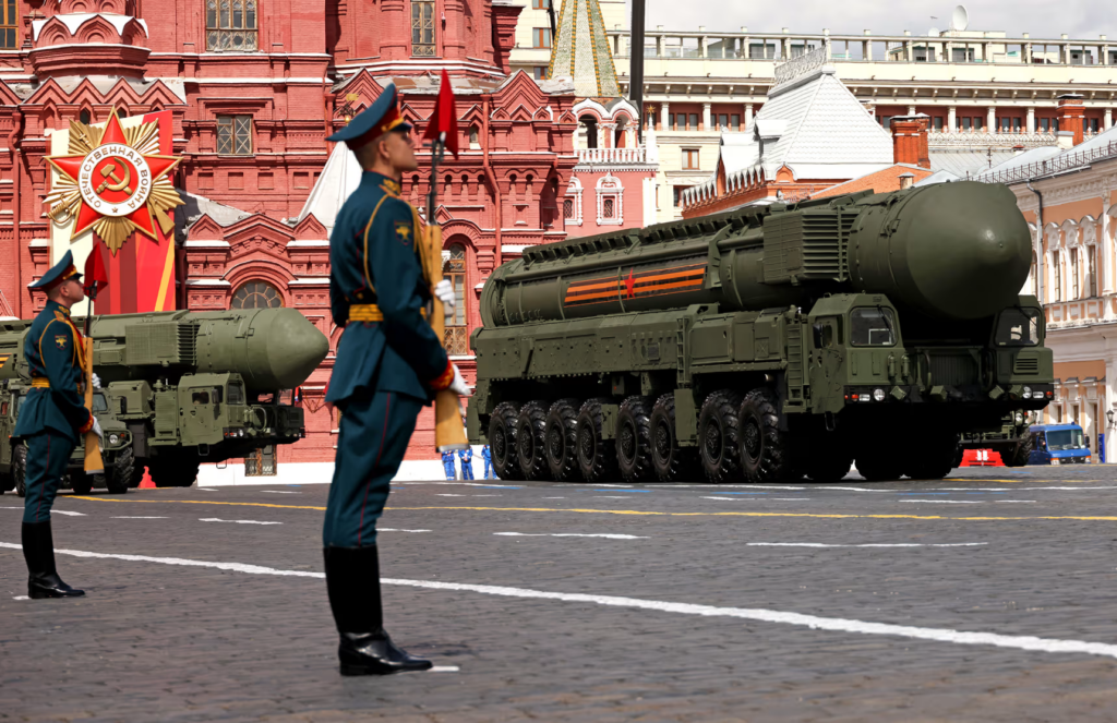 Russian RS-24 Yars intercontinential nuclear launchers ride during the Red Square military parade's rehearsal in May in Moscow.Getty Images