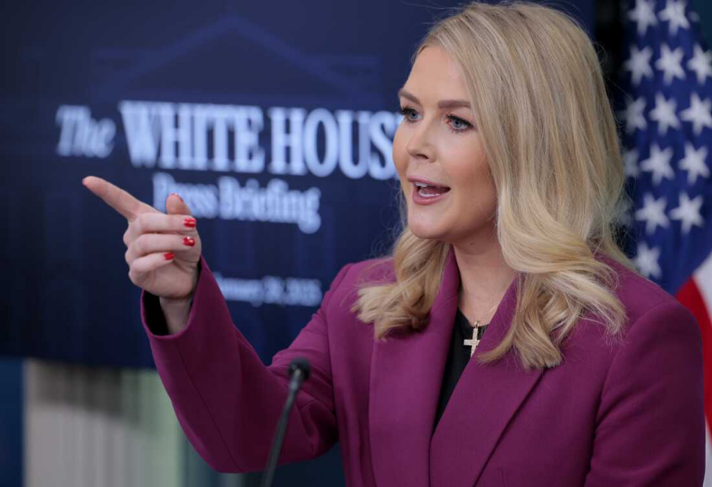 White House Press Secretary Karoline Leavitt holds her first news conference in the Brady Press Briefing Room at the White House on Jan. 28.

Chip Somodevilla/Getty Images