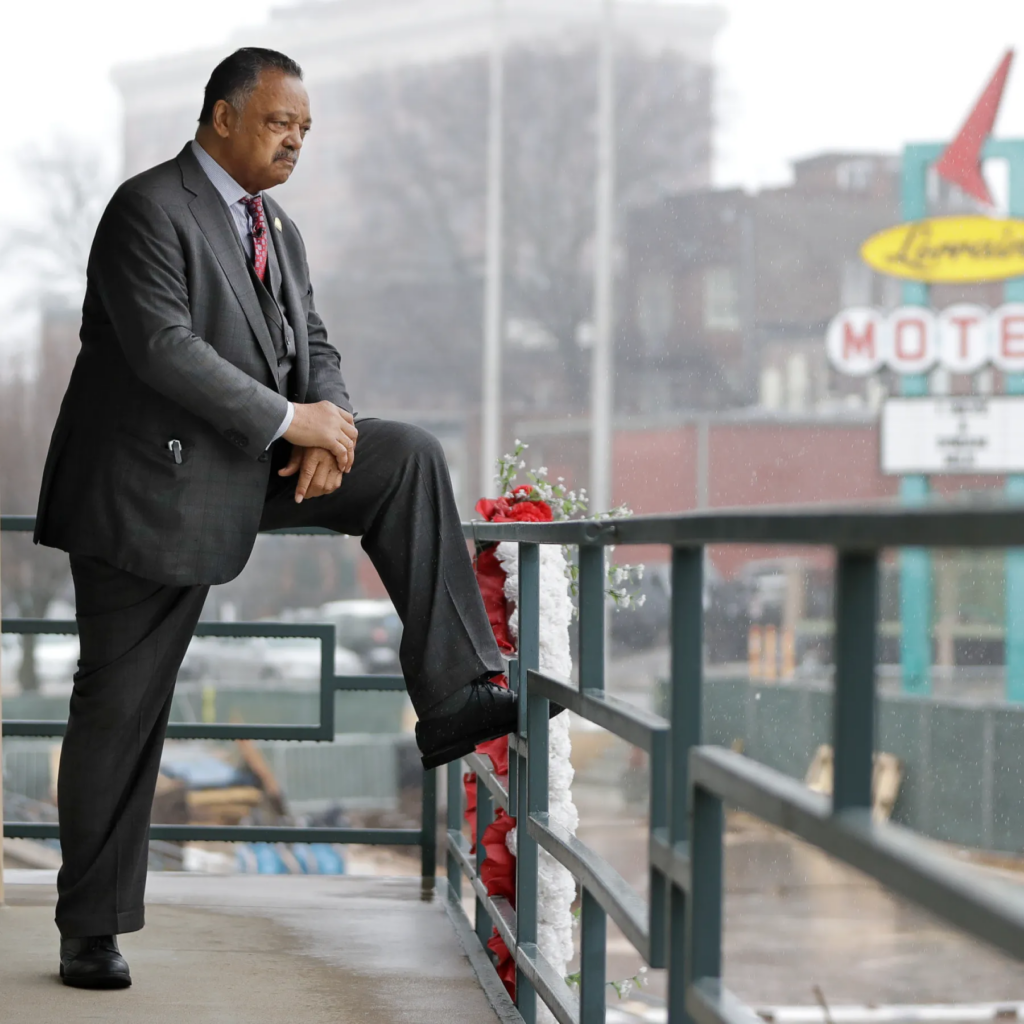 In this Feb. 14, 2018 photo, the Rev. Jesse Jackson stands on the motel balcony where the Rev. Martin Luther King Jr. was assassinated in Memphis, Tenn. on April 4, 1968. Jackson was at the motel with King when the assassination took place. The building, which was formerly the Lorraine Motel, is now the National Civil Rights Museum. (AP Photo/Mark Humphrey)

Mark Humphrey