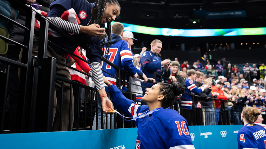 Gold medalist Laila Edwards #10 of Team United States on day 13 of the Milano Cortina 2026 Winter Olympic games at Milano Santagiulia Ice Hockey Arena on February 19, 2026 in Milan, Italy. (Photo by Andreas Rentz/Getty Images)
