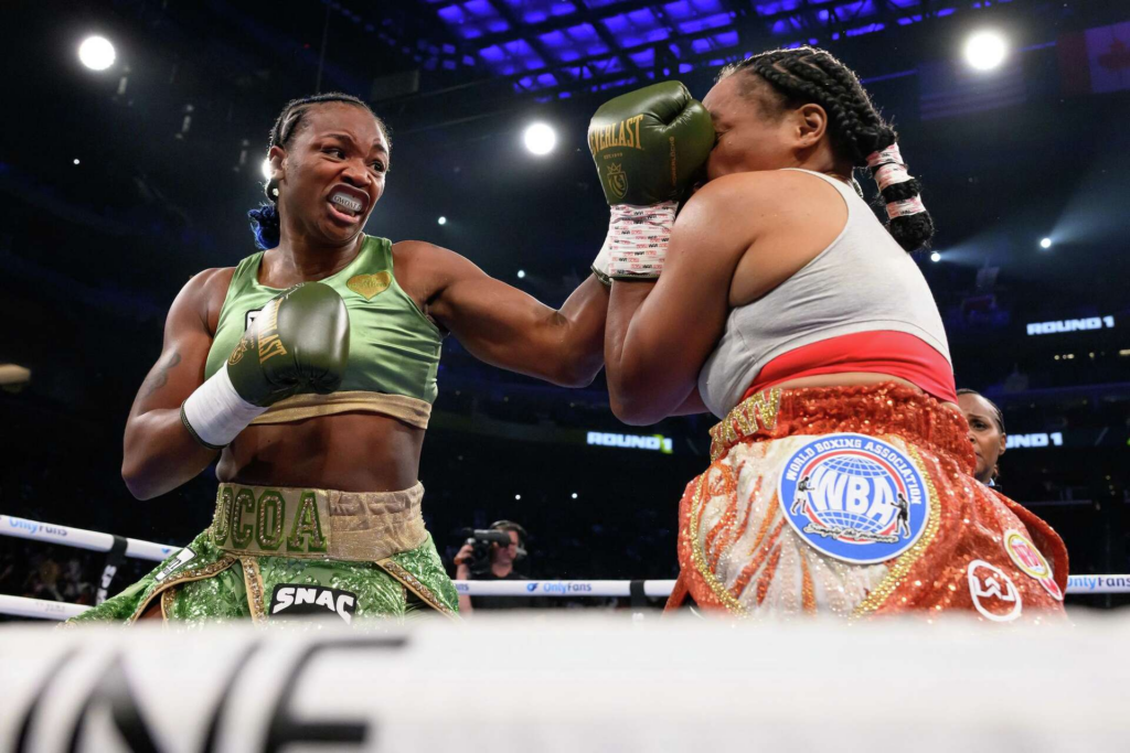 Claressa Shields, left, and Franchon Crews-Dezurn square off in the eighth round of their Undisputed Heavyweight World Championship boxing match, Sunday, Feb. 22, 2026, in Detroit.
Lon Horwedel/AP