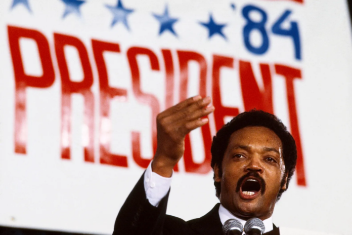 Politician Jesse Jackson delivers a speech during his 1984 presidential campaign in Chicago, Illinois. 1984