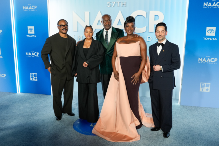 Ryan Coogler, from left, Zinzi Coogler, Delroy Lindo, Wunmi Mosaku, and Sev Ohanian arrive at the 57th NAACP Image Awards on Saturday, Feb. 28, 2026, in Pasadena, Calif. (AP Photo/Chris Pizzello)