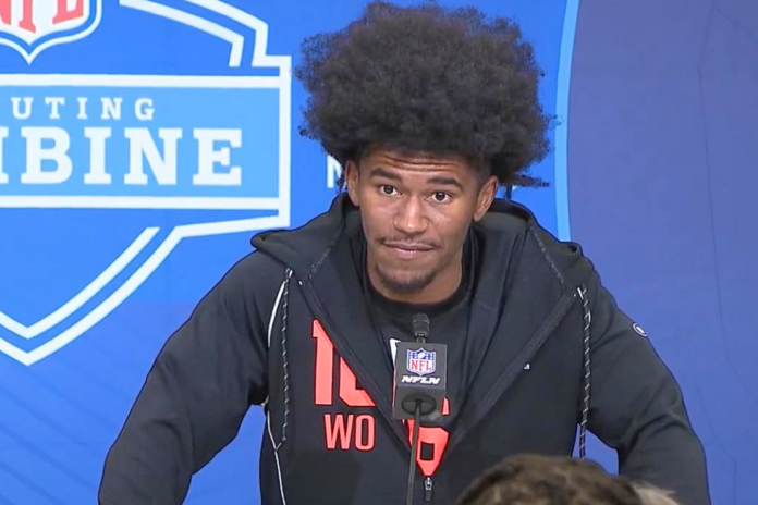 NFL prospect KC Concepcion speaking at a press conference about addressing trolls and supporting others with stutters