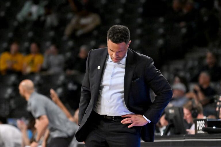 Georgia Tech and coach Damon Stoudamire — pictured during the Yellow Jackets' March 4 game against Cal, their 11th straight loss — finished last in the 18-team ACC this season and missed the ACC Tournament. (Hyosub Shin/AJC)