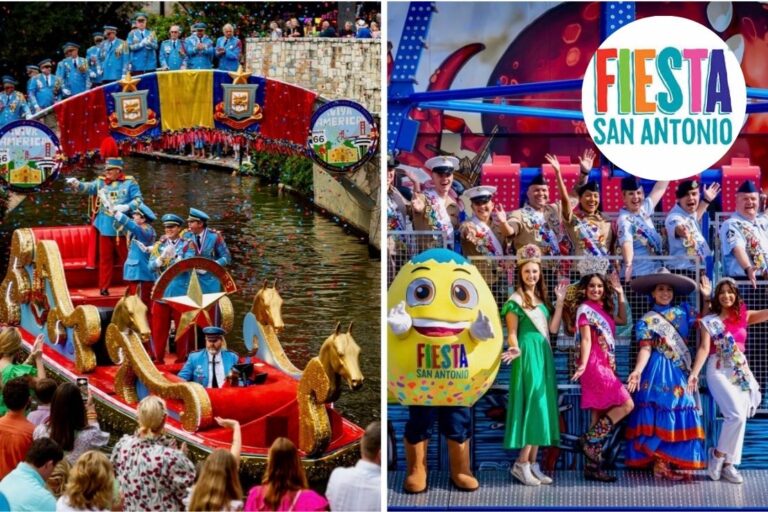 Fiesta San Antonio parades with colorful floats and crowds in downtown San Antonio 2026