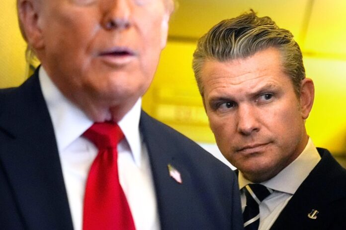 Defense Secretary Pete Hegseth listens as President Donald Trump speaks to reporters while traveling aboard Air Force One en route from Dover Air Force Base, Del., to Miami, Saturday, March 7, 2026. (AP Photo/Mark Schiefelbein)