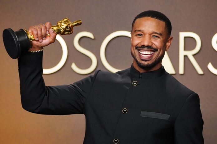 Michael B. Jordan celebrates his Oscar win for Sinners at the 2026 Academy Awards