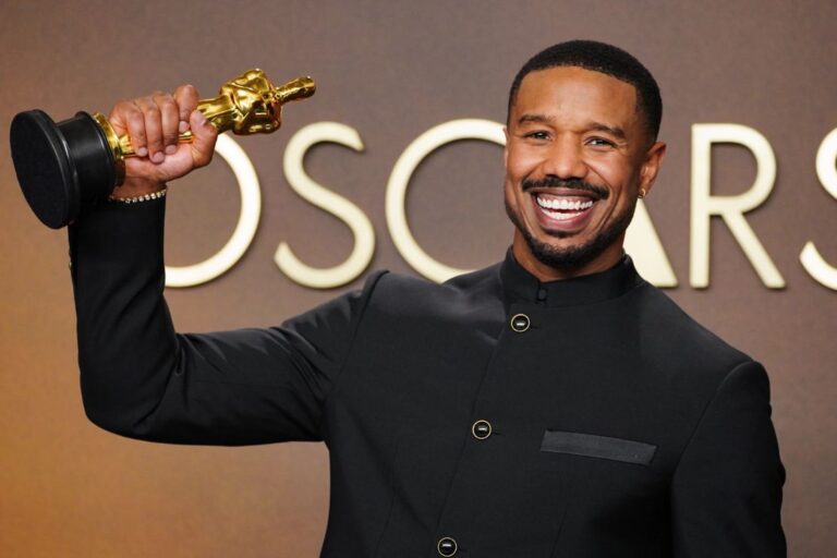 Michael B. Jordan celebrates his Oscar win for Sinners at the 2026 Academy Awards