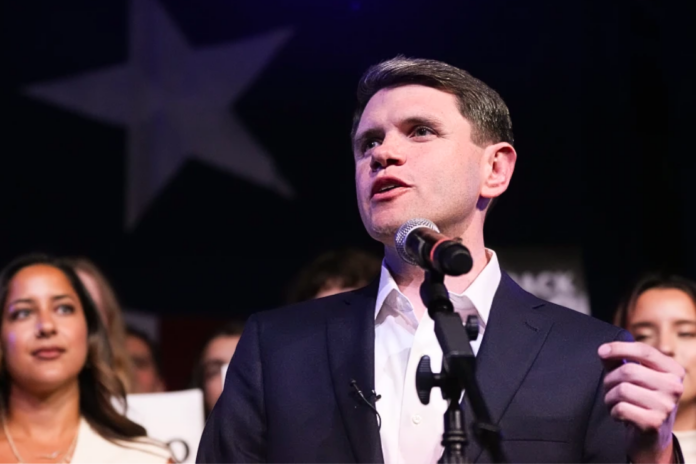 Texas state Rep. James Talarico, D Austin, a Democratic candidate for the U.S. Senate, speaks at a primary election watch party Tuesday, March 3, 2026, in Austin, Texas. (AP Photo/Eric Gay)
