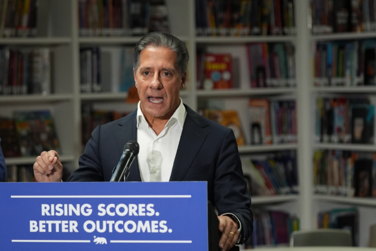 Alberto Carvalho, Superintendent of Los Angeles Unified School District speaks about students' improved rising scores before Gov. Gavin Newsom signed legislation related to student literacy in Los Angeles on Thursday, Oct. 9, 2025. (AP Photo/Damian Dovarganes, File)