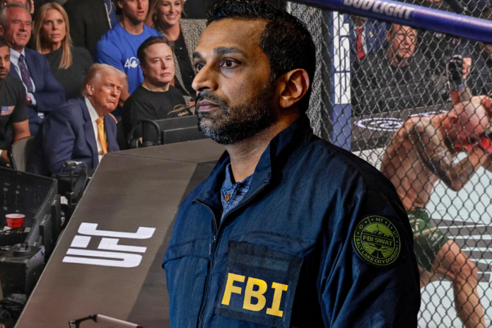 FBI Director Kash Patel, left, and Robert F. Kennedy Jr. sit behind President Donald Trump and Elon Musk at an Ultimate Fighting Championship fight in Miami on April 12.Joe Raedle / Getty Images
