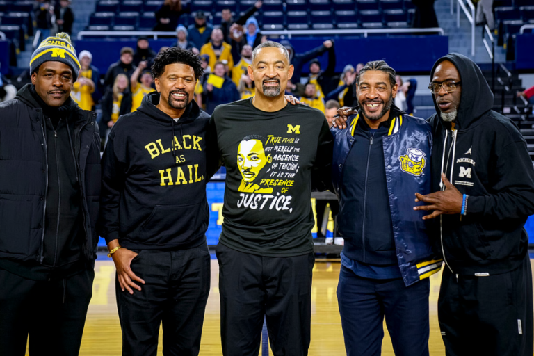 (L-R) Former Michigan Wolverines “Fab Five” basketball players, Chris Webber, Jalen Rose, head coach Juwan Howard of the Michigan Wolverines, Jimmy King, and Ray Jackson pose for a photo after the game against the Ohio State Buckeyes at Crisler Arena on January 15, 2024 in Ann Arbor, Michigan. (Photo by Nic Antaya/Getty Images)