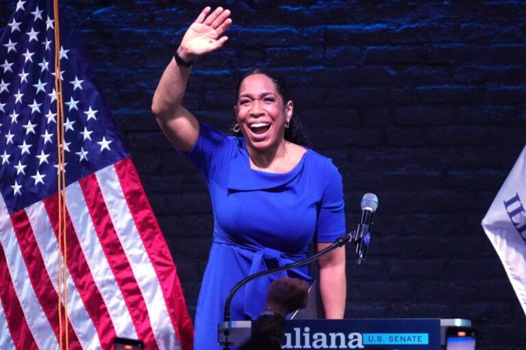 Illinois Lt. Gov. Juliana Stratton waves during a primary election night watch party after winning the Democratic primary for U.S. Senate, Tuesday, March 17, 2026, in Chicago. (AP Photo/Erin Hooley)