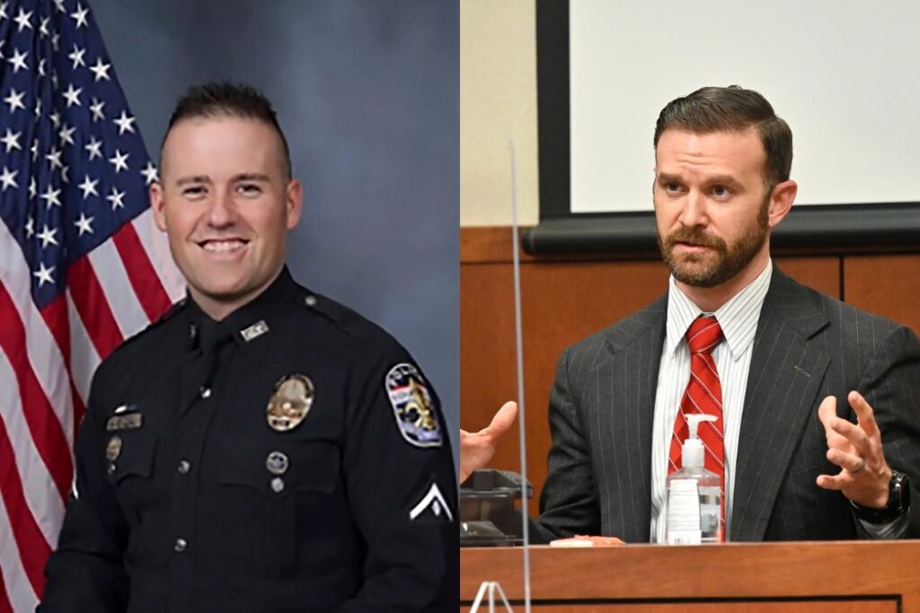 (L-R) Louisville (Kentucky) Police shows
Louisville Police Det. Joshua Jaynes an officer fired and Set. Kyle Meany of the Louisville Metro Police Department testifies, Feb. 23, 2022, in Louisville, Ky. (AP Photo/Timothy D. Easley, Pool)