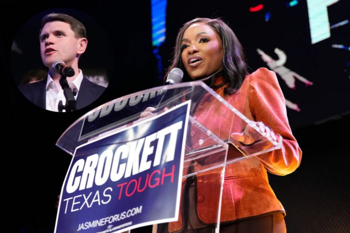 Representative Jasmine Crockett giving an update on the voting count at her watch party at Club Vivo in Dallas on Tuesday. Getty Images