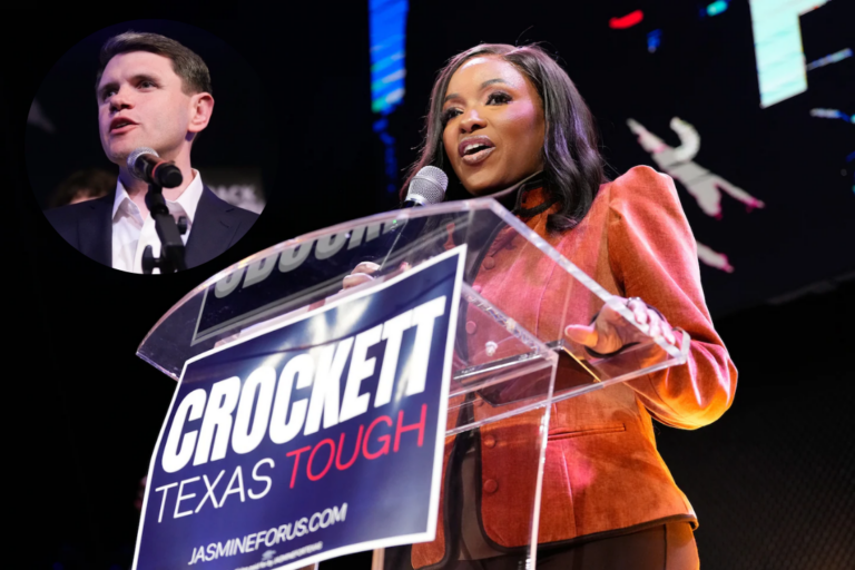 Representative Jasmine Crockett giving an update on the voting count at her watch party at Club Vivo in Dallas on Tuesday. Getty Images