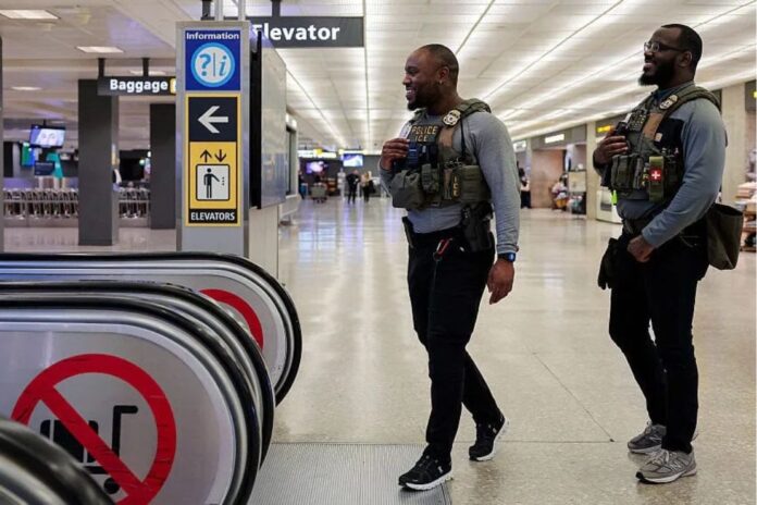Immigration and Customs Enforcement (ICE) agents patrol Dulles International Airport on March 24, 2026 in Dulles, Virginia. (Photo by Heather Diehl/Getty Images)