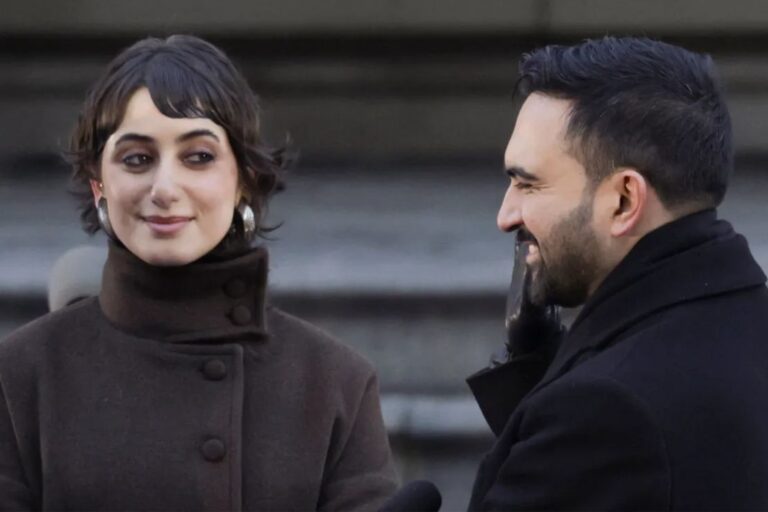 New York City Mayor Zohran Mamdani's wife, Rama Duwaji, looks at him as they take part in his inauguration ceremony on January 1, 2026. (Credit: Jeenah Moon/Reuters via CNN Newsource)