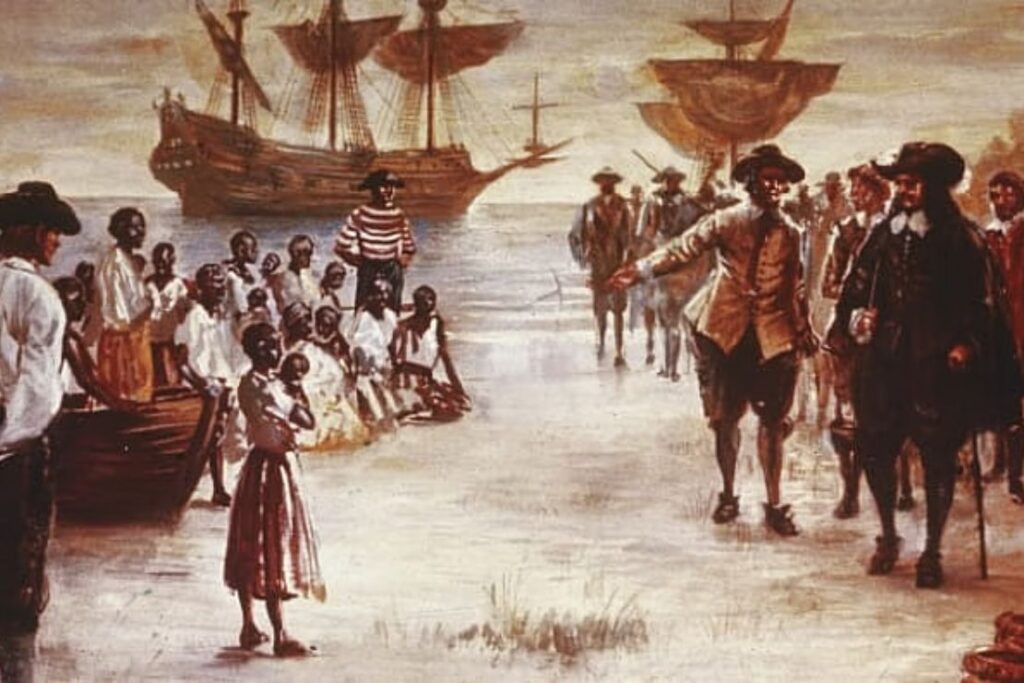 This engraving shows the 1619 arrival of a Dutch slave ship with a group of African slaves for sale in Jamestown, Virginia. The Dutch government reportedly plans to apologize for the Netherlands' role in the slave trade by the end of 2022 or the beginning of next year. (Hulton Archive/Getty Images)