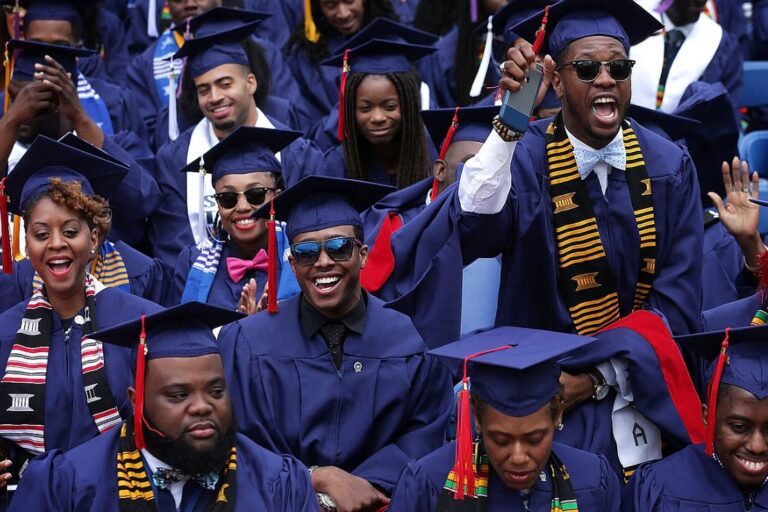 A member of the class of 2016 reacts as U.S. President Barack Obama addresses the 2016 commencement ceremony at Howard University May 7, 2016 in Washington, DC. President Obama is the sixth sitting U.S. president to deliver the commencement speech at Howard University. (Photo by Alex Wong/Getty Images)