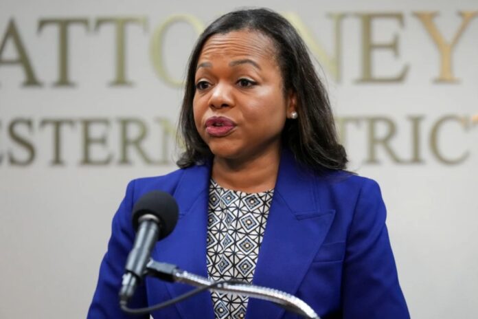 Assistant Attorney General Kristen Clarke of the Justice Department’s Civil Rights Division speaks during a news conference Thursday, Dec. 5, 2024, in Memphis, Tenn. (AP Photo/George Walker IV, File)