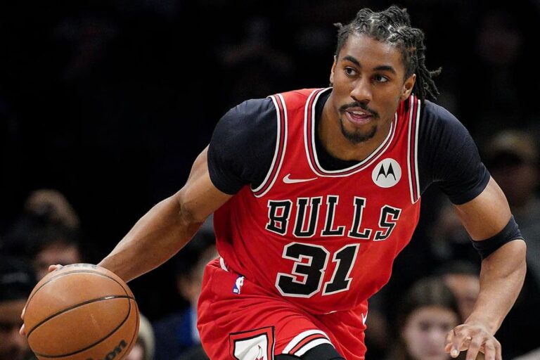 Jaden Ivey of the Chicago Bulls looks on during the game against the Brooklyn Nets at Barclays Center on Feb. 9, 2026 in New York City. (Evan Bernstein/Getty Images)