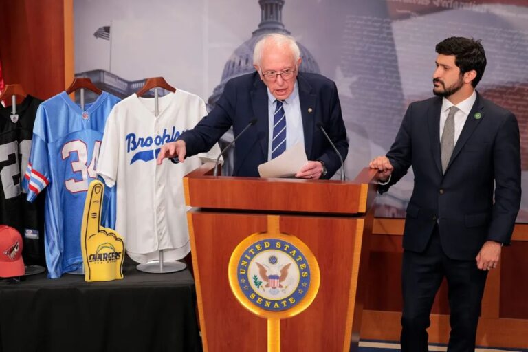 Senator Bernie Sanders speaks at a press conference with Representative Greg Casar.Photograph by Heather Diehl / Getty