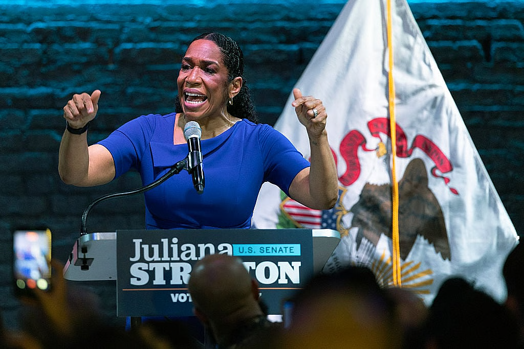 Illinois Democratic Senate candidate Lt. Governor Juliana Stratton speaks to supporters as she celebrates her primary win during a primary night event on March 17, 2026 in Chicago, Illinois. Stratton is hoping to replace Sen. Dick Durbin (D-IL) who is retiring at the end of his term. (Photo by Scott Olson/Getty Images)