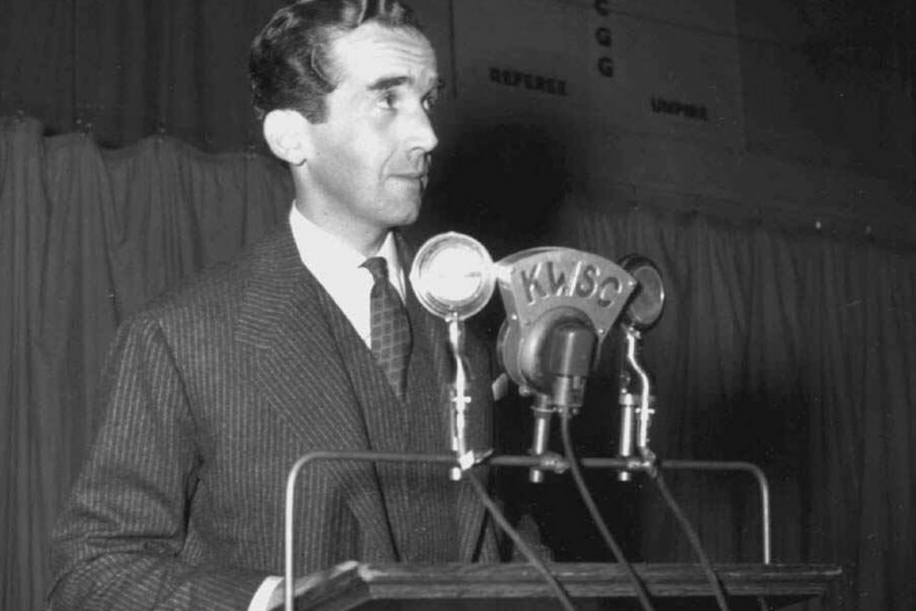 Edward R. Murrow, a CBS correspondent who made his name from the front lines of World War Il and from confronting Sen. Joseph McCarthy during the 1950s Red Scare, during a speaking engagement. (AP Photo/Washington State University/The Columbian via AP)