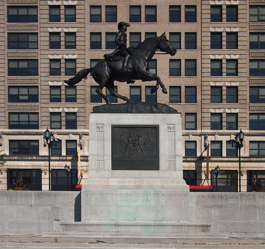 Caesar Rodney statue Washington DC Freedom Plaza display showing horseback monument of Declaration signer