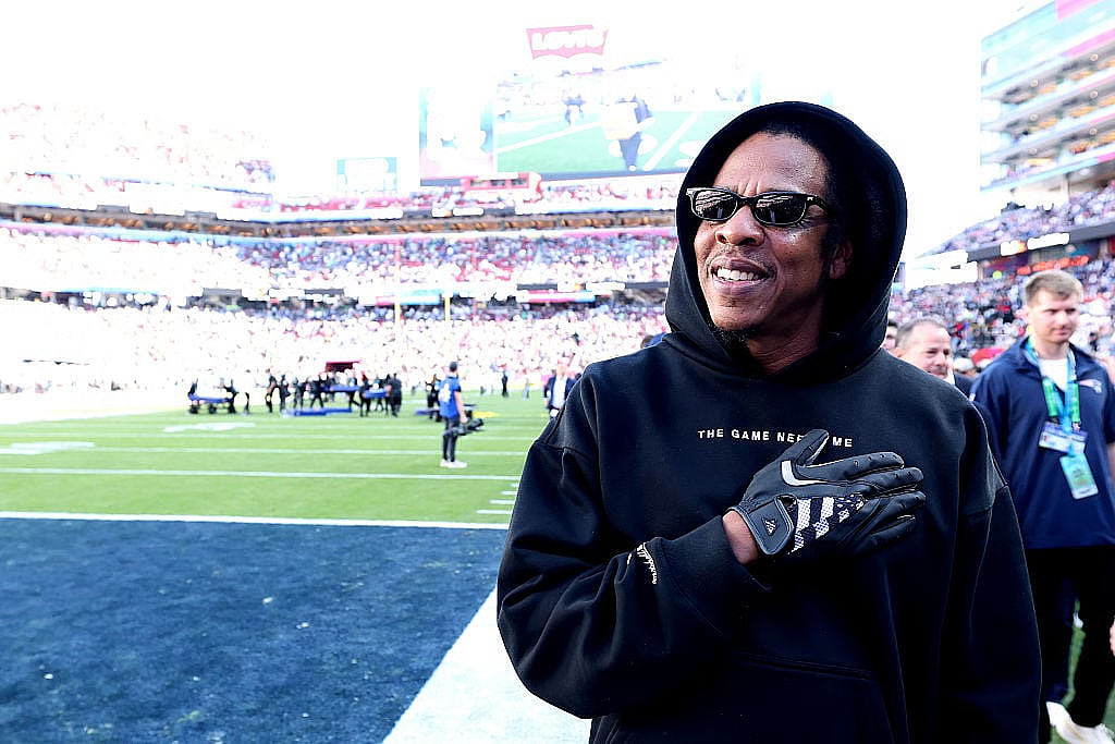 Jay-Z looks on prior to the start of Super Bowl LX between the Seattle Seahawks and the New England Patriots at Levi’s Stadium on February 08, 2026 in Santa Clara, California. (Photo by Kevin C. Cox/Getty Images) – Credit: Photo Kevin C. Cox / Getty Images
