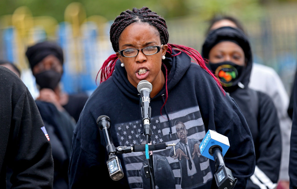 Monica Cannon-Grant speaks during a Black Lives Matter rally in front of Boston Police Headquarters on September 22, 2020 in Boston, Massachusetts. (Staff Photo By Matt Stone/ MediaNews Group/Boston Herald)

