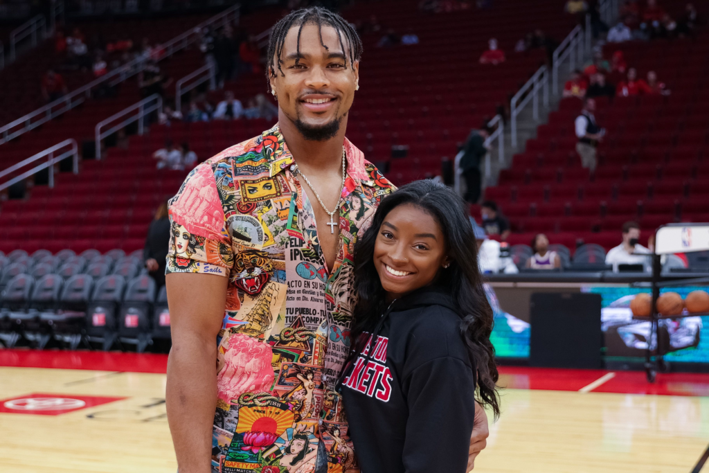 Simone Biles and Jonathan Owens, here in 2021, are now engaged to be married. Carmen Mandato/Getty Images