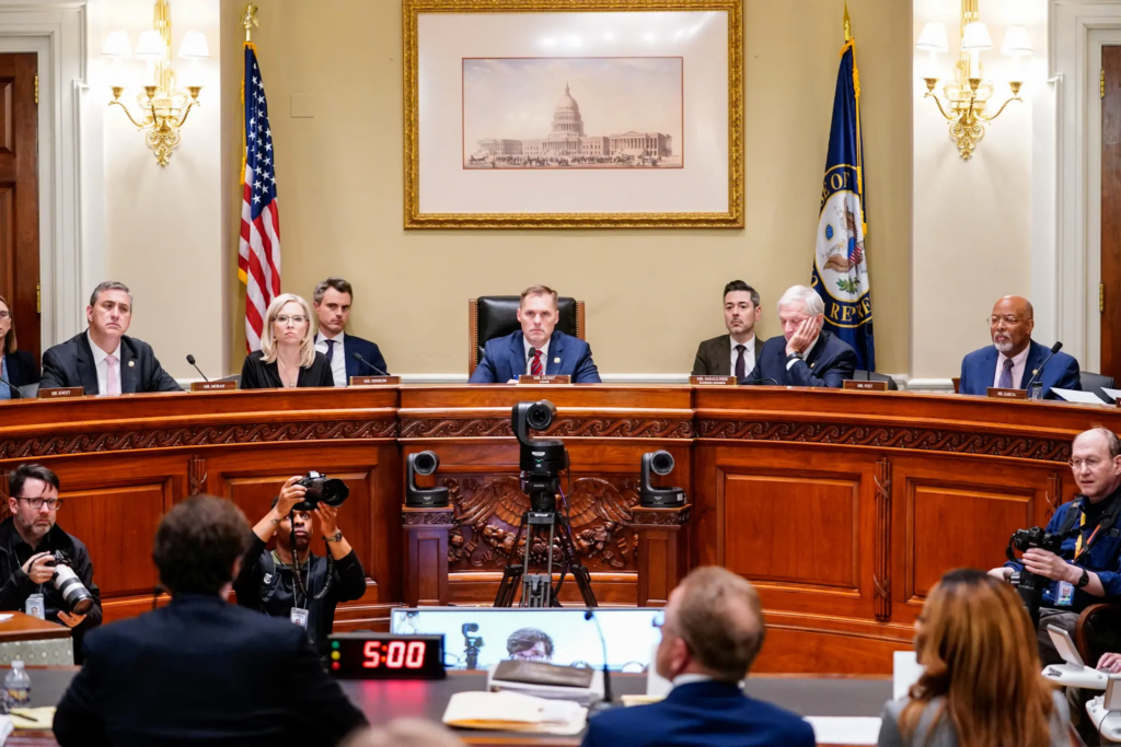 A House Ethics Committee hearing with Representatives Nathaniel Moran, Ashley Hinson, Michael Guest, Mark DeSaulnier, and Glenn Ivey, with Representative Sheila Cherfilus-McCormick present. REUTERS