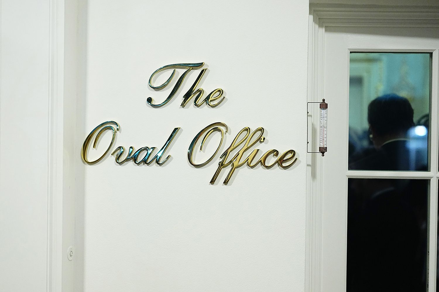 A new sign outside the Oval Office, pictured on Dec. 6, 2025.
Credit : Aaron Schwartz/Getty