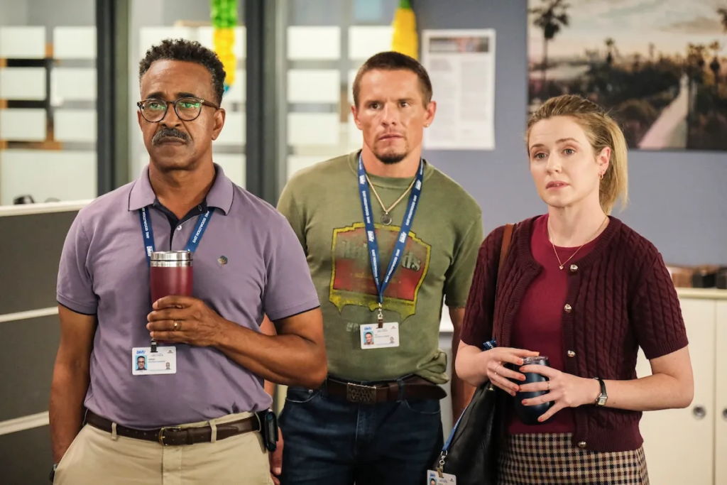 Tim Meadows, Tony Cavalero, and Harriet Dyer in 'DMV'Courtesy of Bertrand Calmeau / CBS