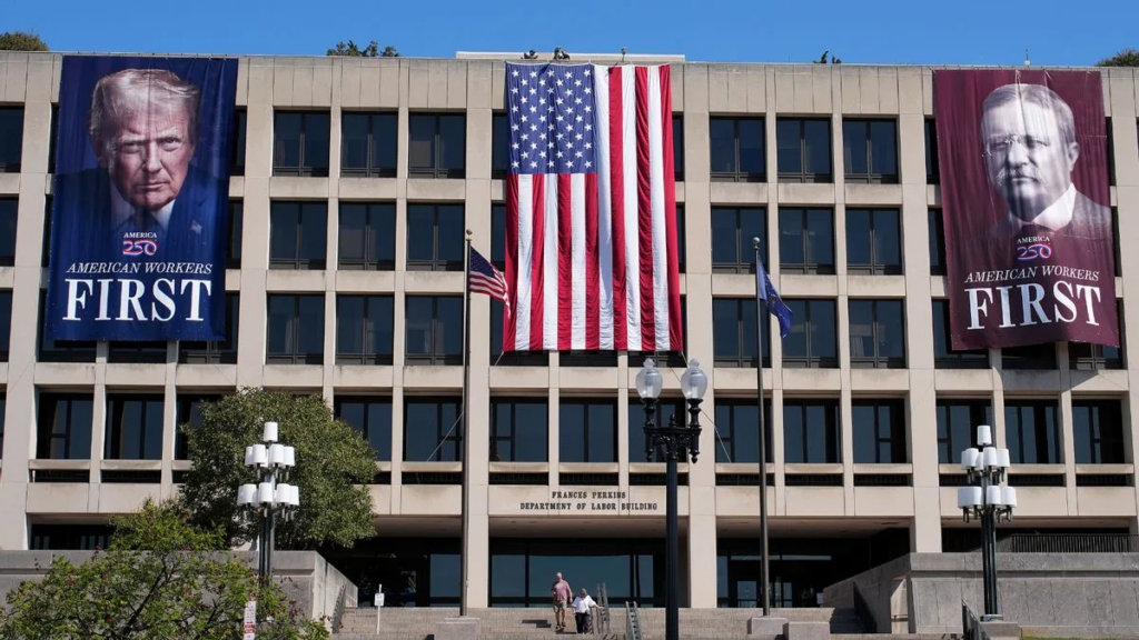 A large banner of U.S. President Donald Trump was placed on the Department of Labor building in Washington, D.C., in August 2025.