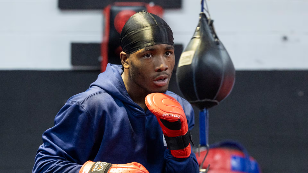 Chad "Candyman" Pitts, a Morehouse College junior economics major, trains with a speed bag at Bout Boxing Studio, Tuesday, March 17, 2026, in Lithonia. He balances a 4.0 GPA at Morehouse and a busy boxing schedule as he is an aspiring Olympian. (Jason Getz/AJC)