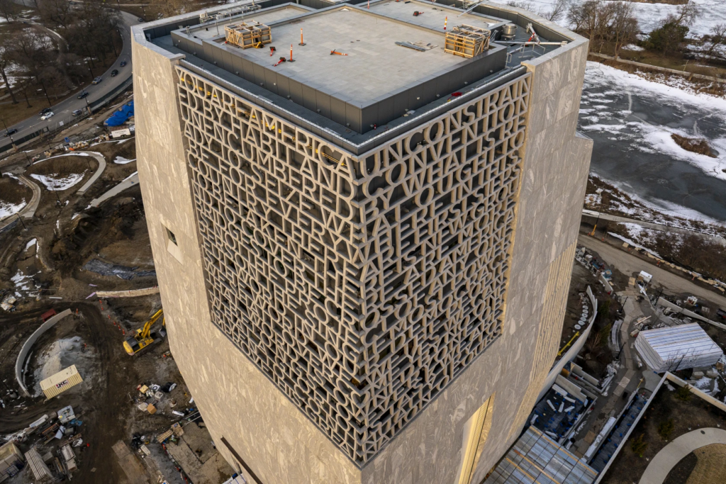 Excerpts from former President Barack Obama’s 2015 “You Are America” speech can be seen on the western and southern facing facades of the Obama Presidential Center in Jackson Park, Tuesday, Feb. 10, 2026. Tyler Pasciak LaRiviere/Sun-Times
