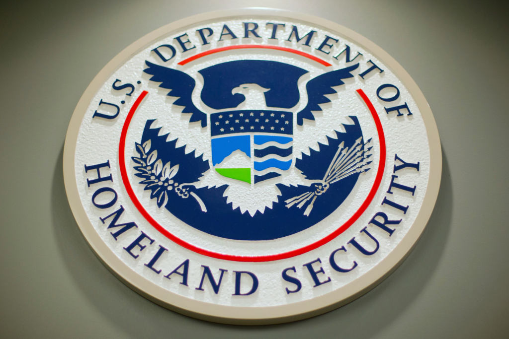 The Department of Homeland Security logo during a news conference in Washington, Feb. 25, 2015. (AP Photo/Pablo Martinez Monsivais, File)